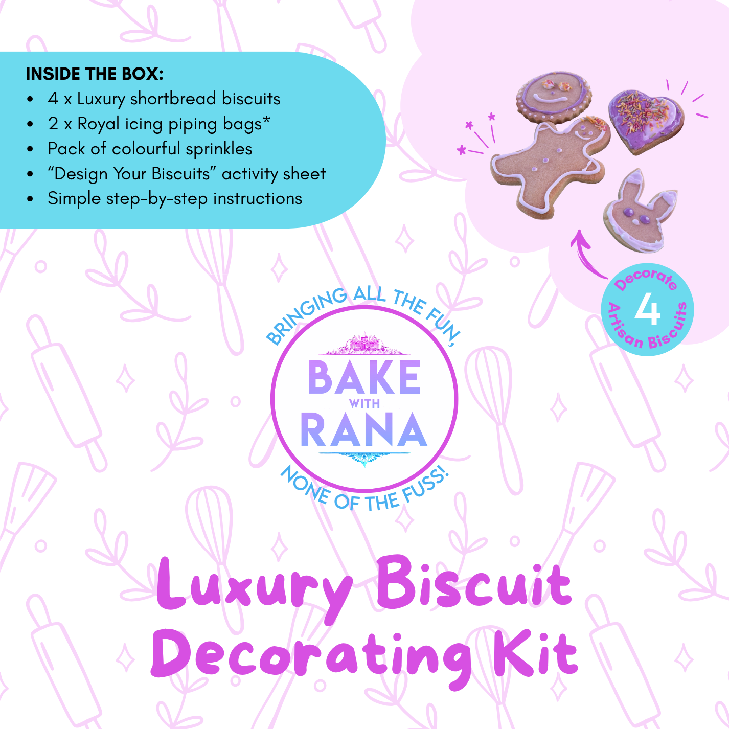 Bake with Rana Luxury Biscuit Decorating Kit packaging with text and images of cookies.
